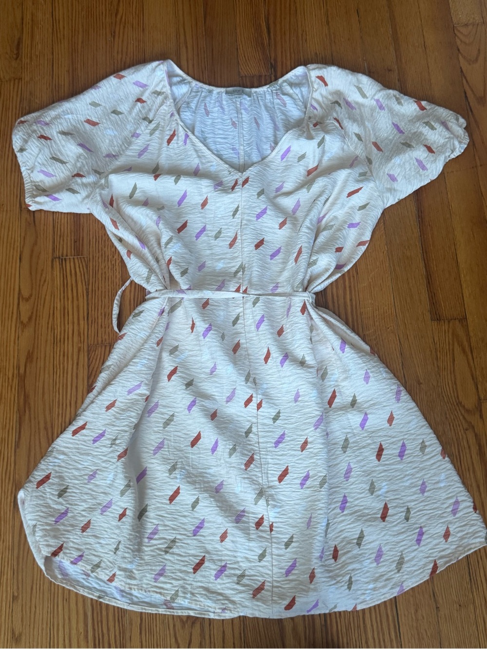 Loft Summer Dress White Short Sleeve Belted Dress with Multicolor Diamond XL